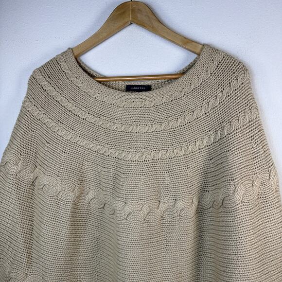 Lands End large XL Poncho Sweater Tan Pullover Cable Knit Fringe Wool Blend - Picture 5 of 9